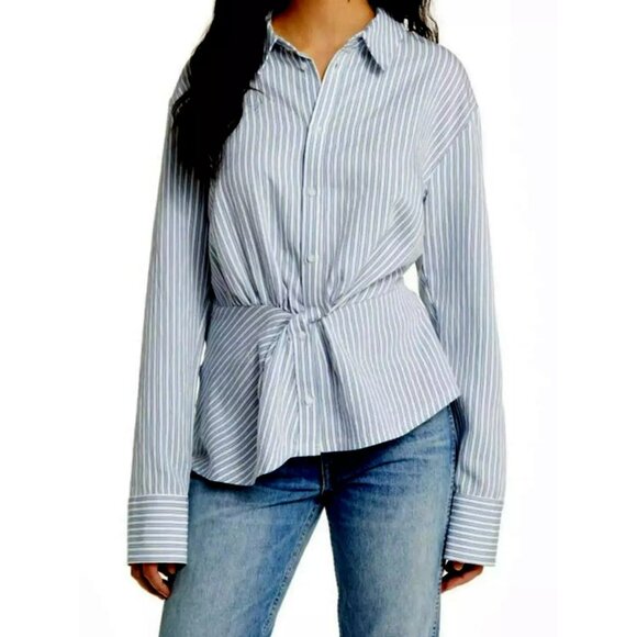 Topshop Striped Front Twist Knot Long Sleeve Button-Up Shirt Blue White Sz10 NEW - Picture 4 of 6